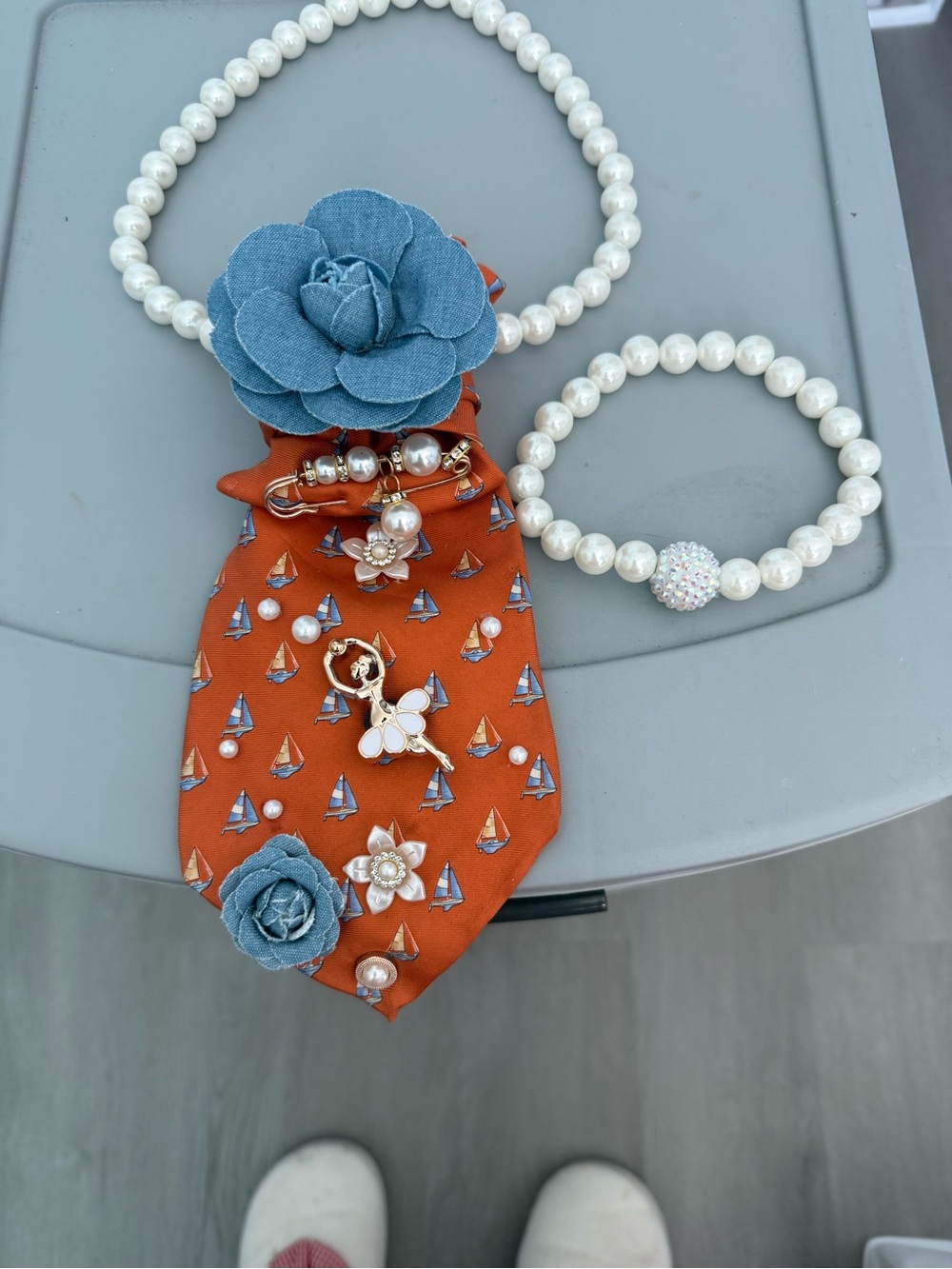 Kids Orange Sailboat Tie with Blue Flower & Pearl Necklaces
